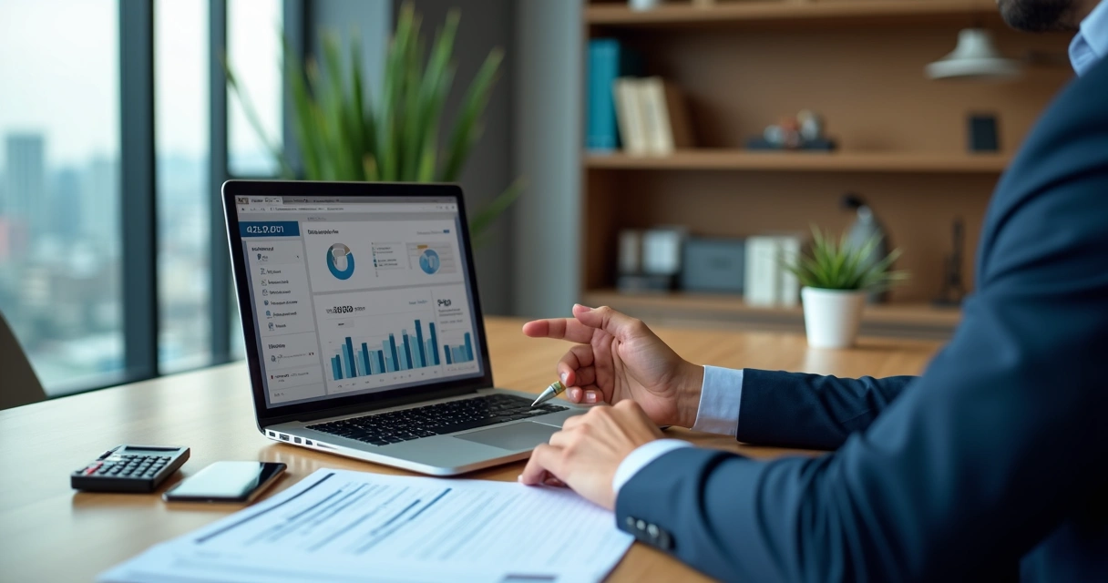 Empresário analisando documentos fiscais de CNPJ em escritório moderno com notebook 