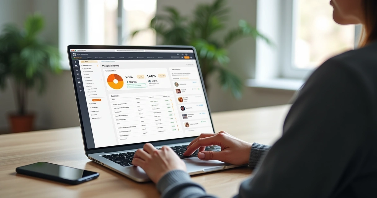 Pessoa usando laptop com tela mostrando sistema de gestão imobiliária para cobrança de aluguel 