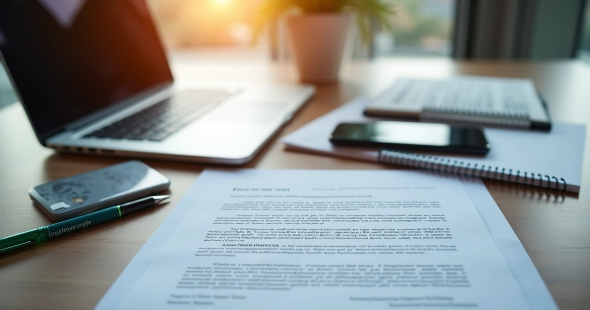 Mesa de trabalho com documentos de aluguel, contrato impresso, laptop exibindo software de gestão imobiliária, caneta e smartphone com notificações de cobrança 