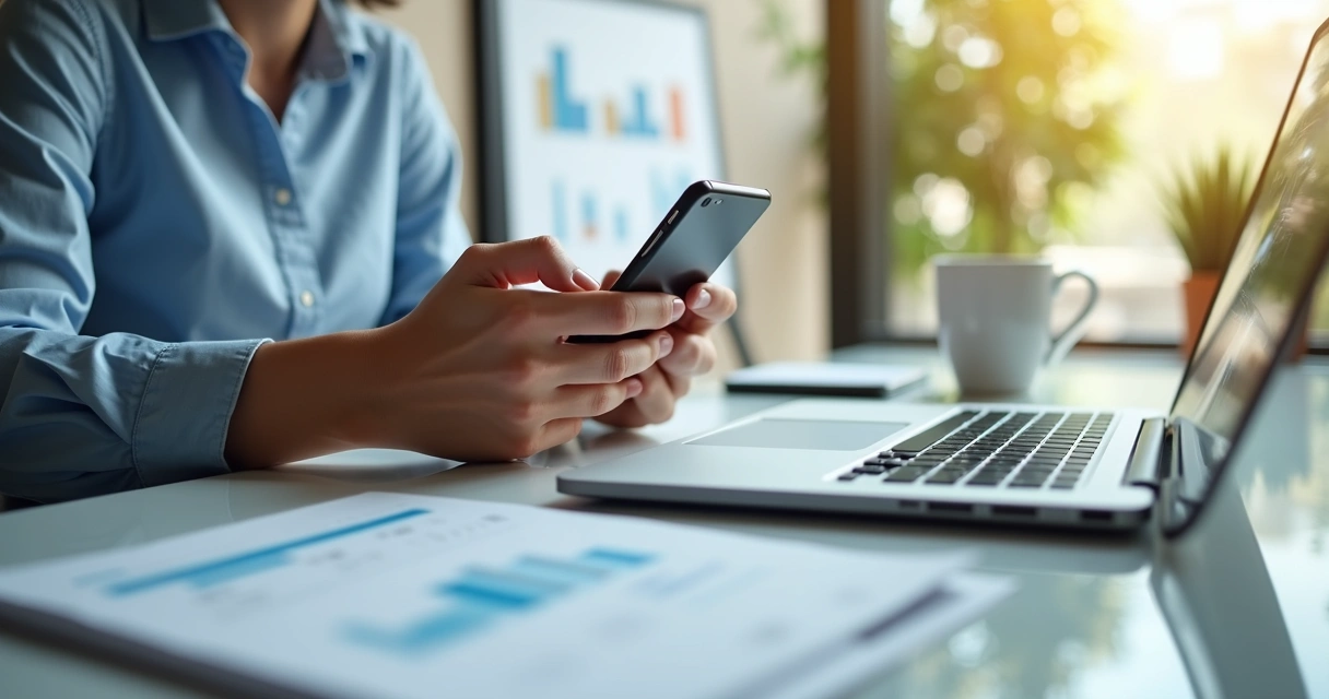 Pessoa enviando mensagem de cobrança amigável pelo smartphone com escritório moderno ao fundo