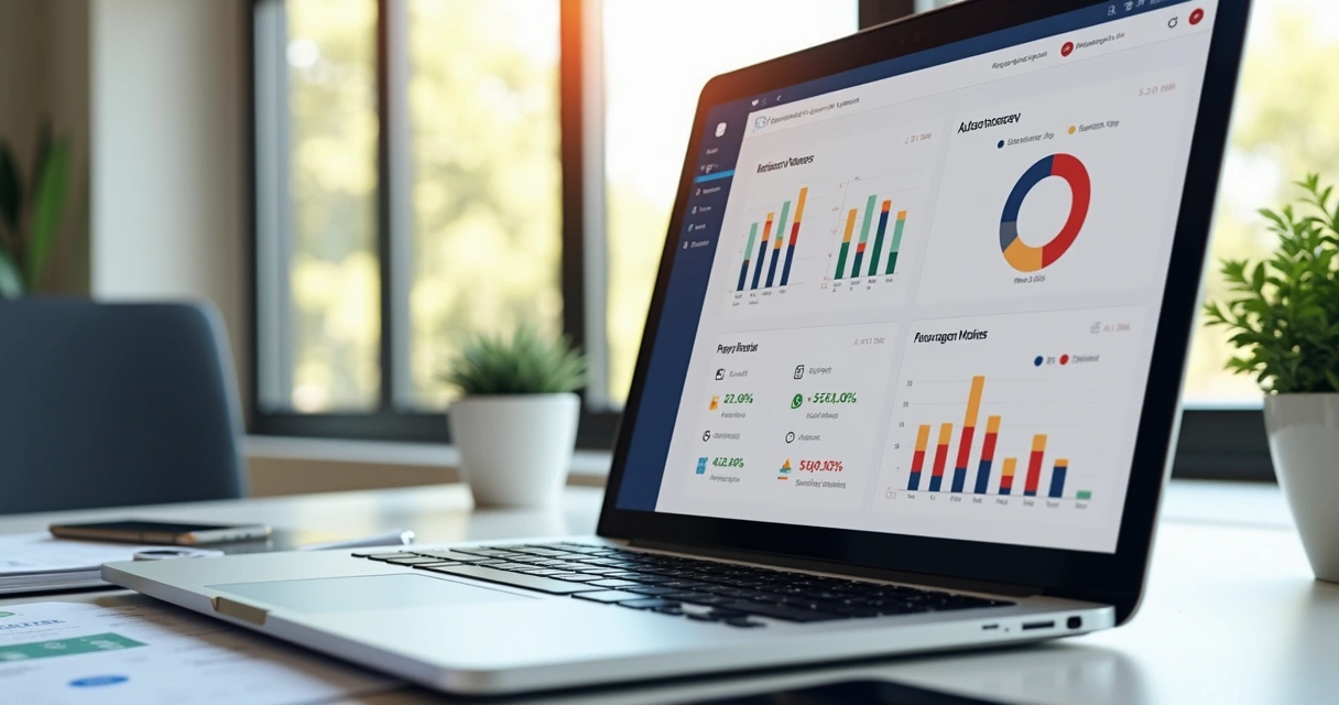 Tela de computador exibindo painel de gestão financeira com gráficos, mensagens automáticas e integrações de cobrança por e-mail e WhatsApp 