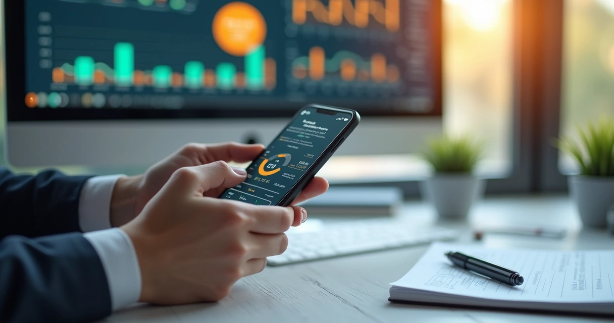 Pessoa usando celular para gerenciar cobranças personalizadas em ambiente de escritório moderno com computador e gráficos financeiros na tela 