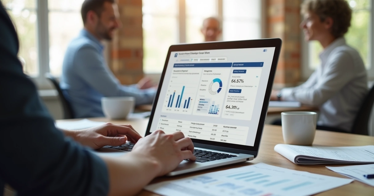 Pessoa usando notebook enquanto analisa relatórios financeiros de condomínio 