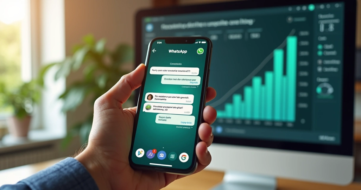 Tela de smartphone exibindo chat de cobrança por WhatsApp com mensagens automatizadas de cobrança financeira e gráficos de inadimplência ao fundo 