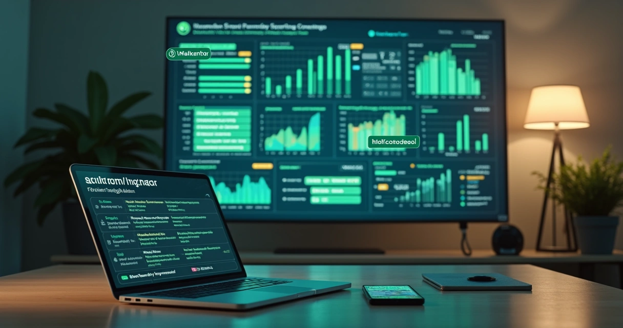 Gestor acompanha cobranças automatizadas via WhatsApp em escritório moderno 