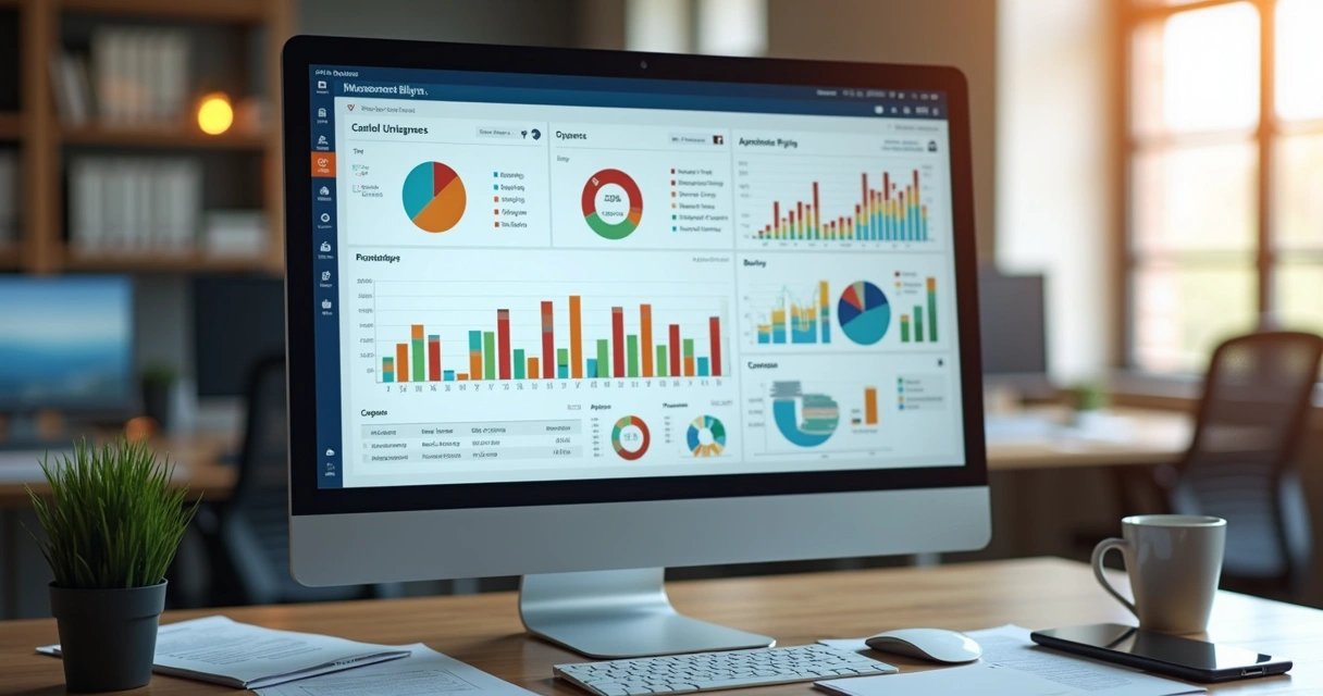 Tela de computador exibindo painel de controle de cobranças segmentadas com gráficos e ícones financeiros 