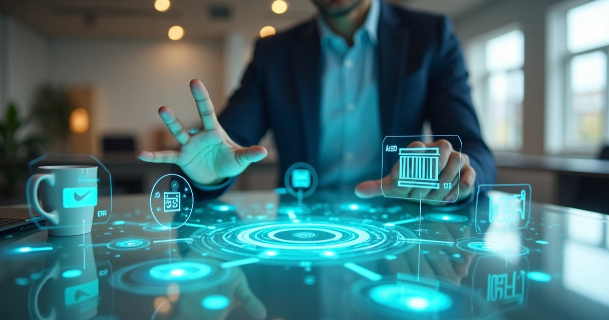 Gestor observa mesa digital com ícones de cobrança e dados financeiros organizados 