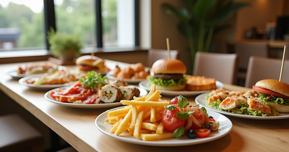 Mesa com vários pratos combinados organizados para venda em restaurante moderno 