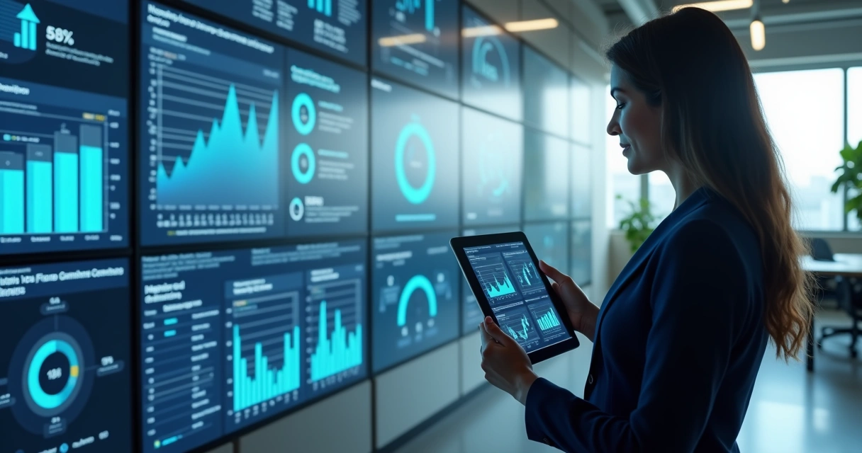 Corretor imobiliário usando tablet com gráficos de desempenho ao fundo em ambiente de escritório moderno 