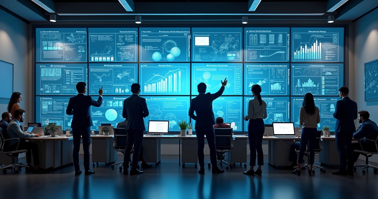 Operação imobiliária moderna com pessoas interagindo com gráficos e tecnologia IA