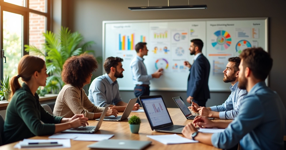Equipe reunida em uma sala com gráficos de vendas e planos de marketing na parede