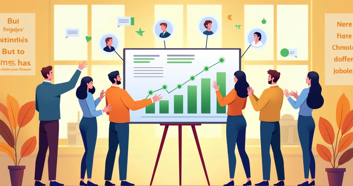 Equipe de vendas cooperando em torno de um painel digital com gráficos de conversão em crescimento.