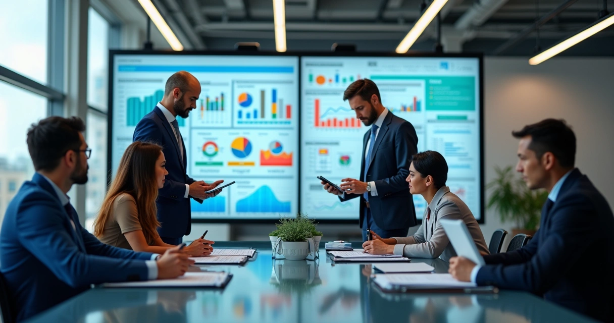 Duas equipes em ambiente corporativo discutindo estratégias, com gráficos digitais e elementos de vendas e marketing ao fundo 