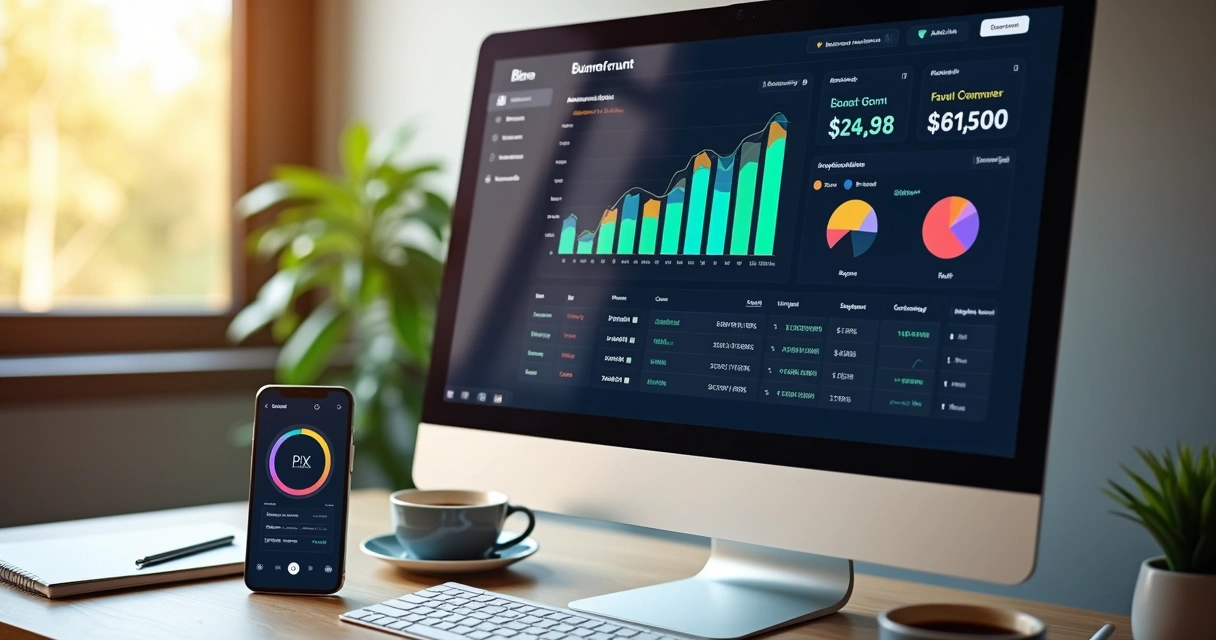 Computador com tela mostrando painel de gestão financeira e gráficos de comissões automáticas via Pix para SaaS 