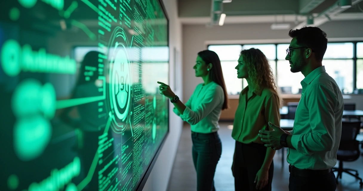 Profissionais analisando painel digital para compliance e integrações de APIs 
