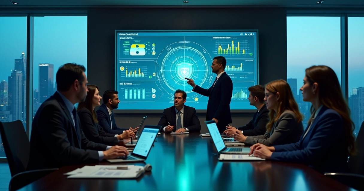 Equipe analisando painel digital com indicadores de compliance e riscos corporativos 