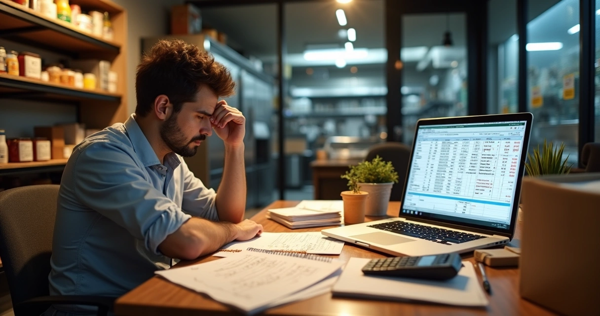 Gestor de restaurante preocupado analisando notas de compras em frente ao computador 