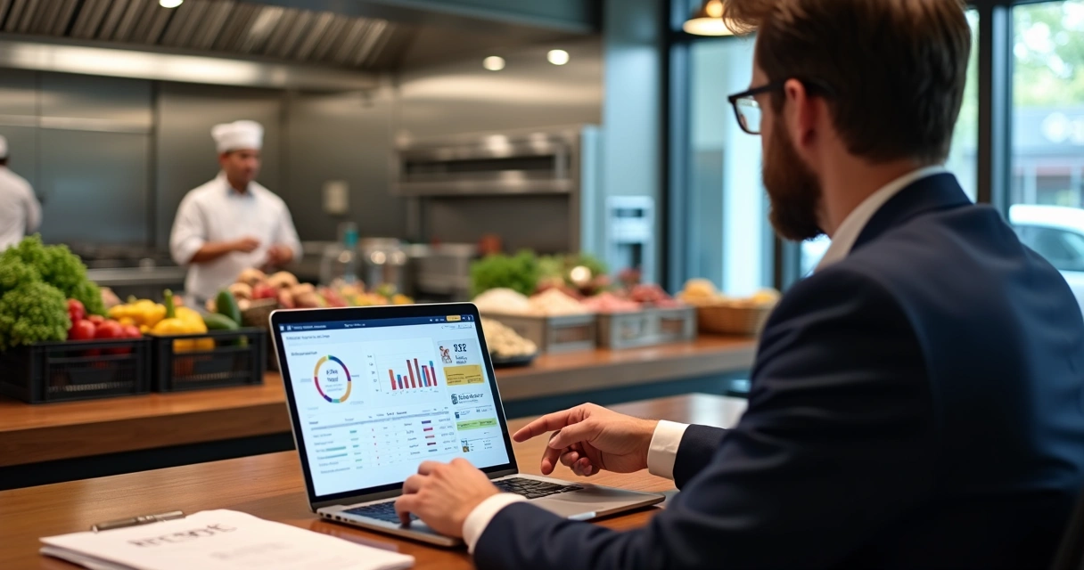 Gestor de compras apresentando dados de custo em restaurante profissional 