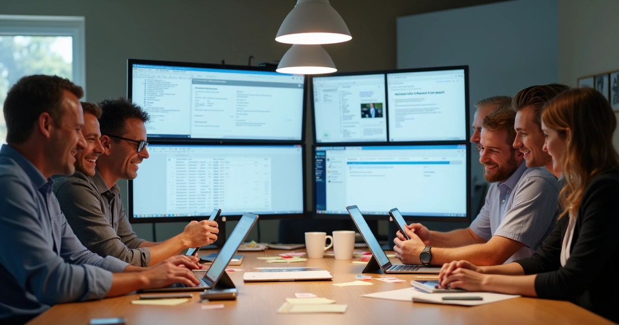 Equipe política reunida em torno de computadores e celulares acompanhando envio e resposta de mensagens em tempo real