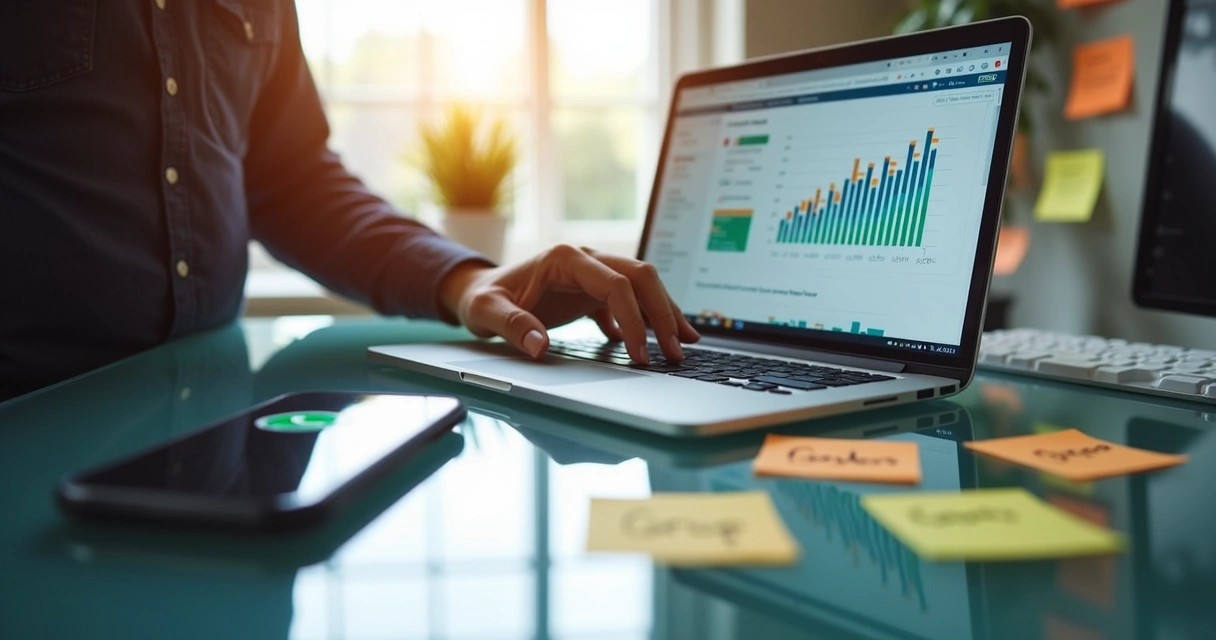 Gestor analisando dashboard de comunidade de revendedores no notebook 