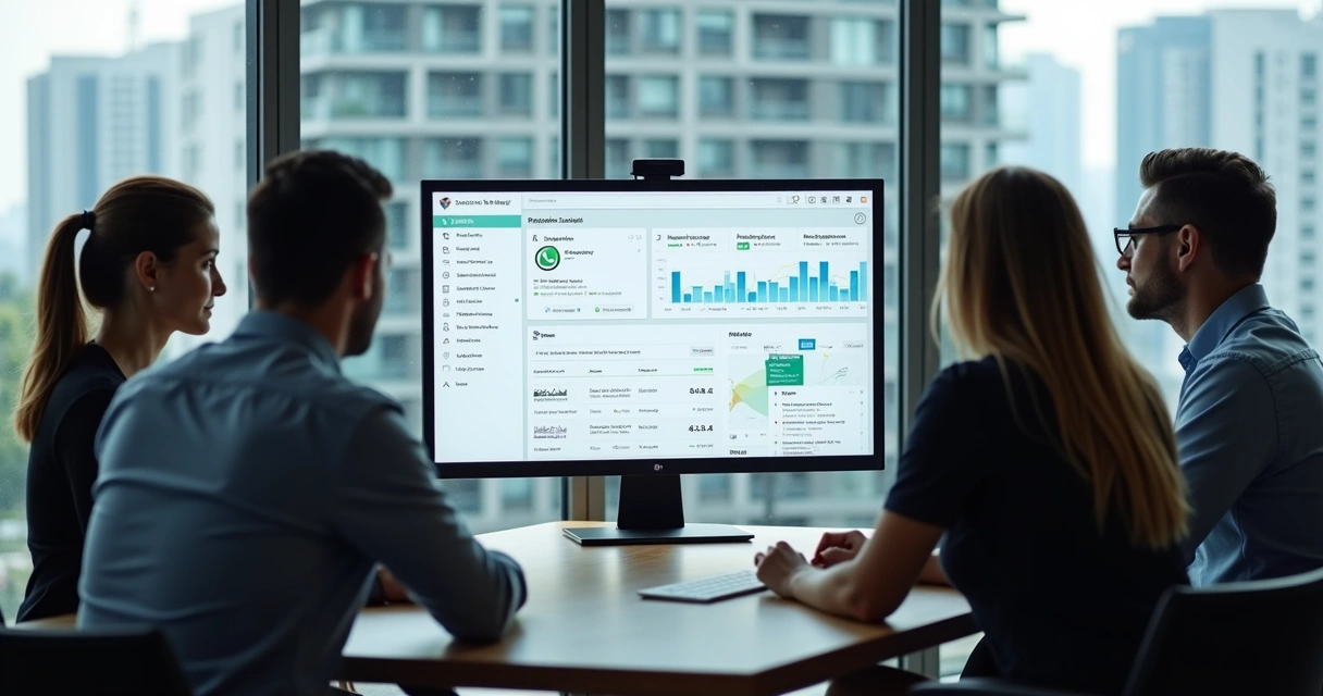 Síndico e equipe analisando telas de computador com gráficos e chats de WhatsApp. 