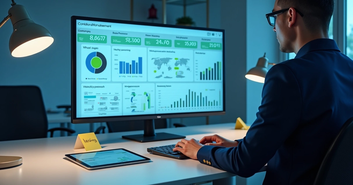 Gestão de condomínio inteligente com dados em tela 