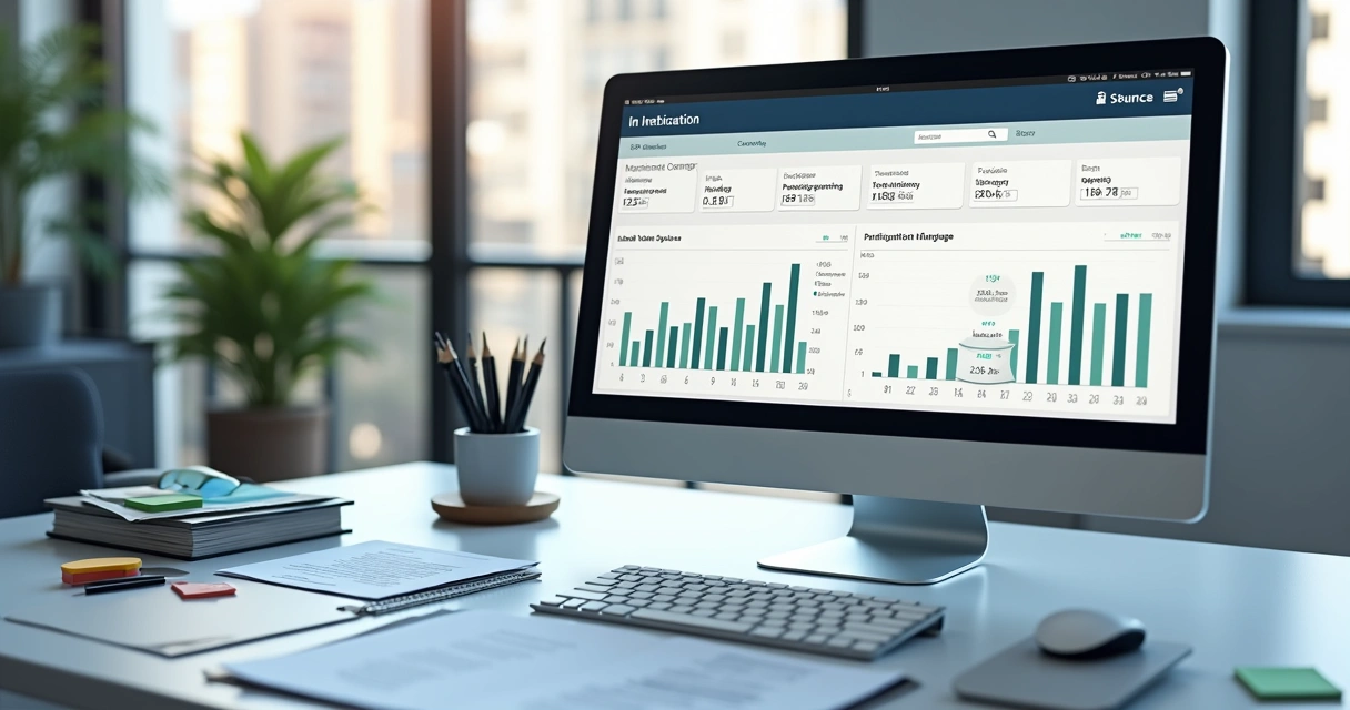Ambiente de trabalho de síndico com computador exibindo sistema digital e documentos em volta 