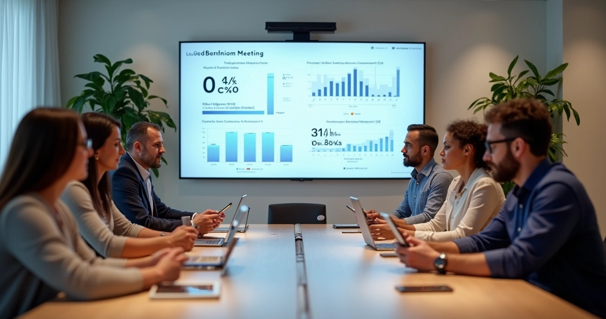 Sala de reunião de condomínio com tela mostrando gráficos de consumo e equipe reunida 