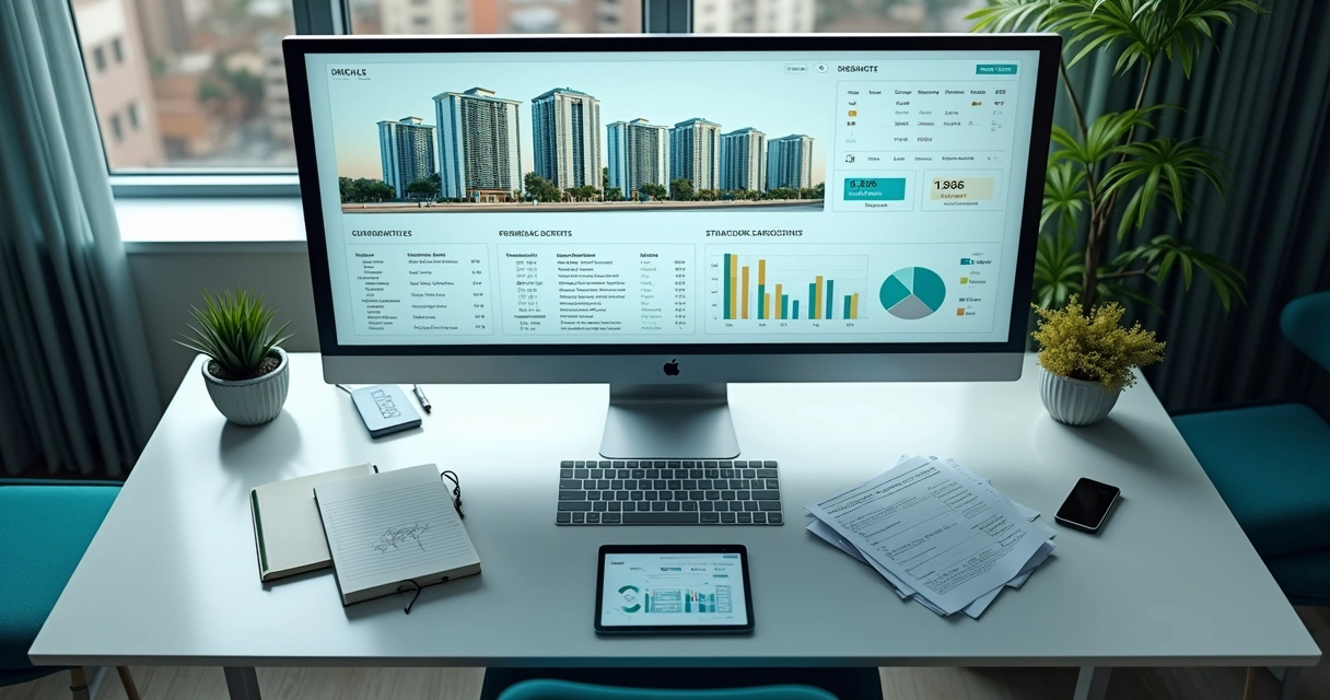 Painel digital com múltiplos condomínios, gráficos e tarefas