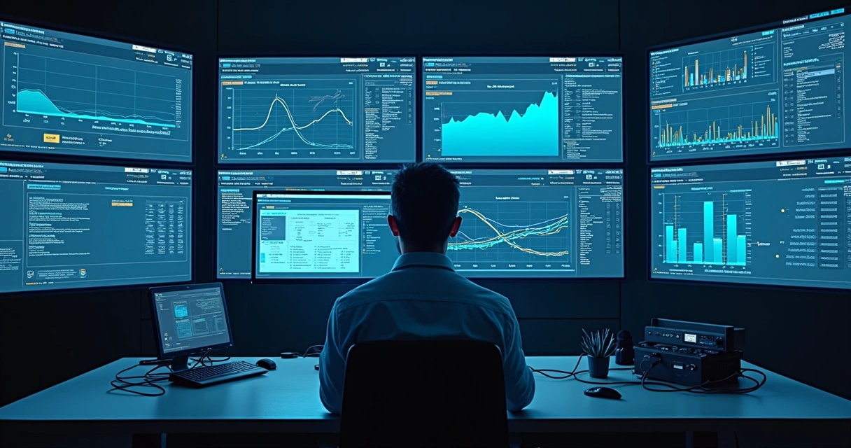 Profissional de TI monitorando uma rede corporativa com múltiplas conexões