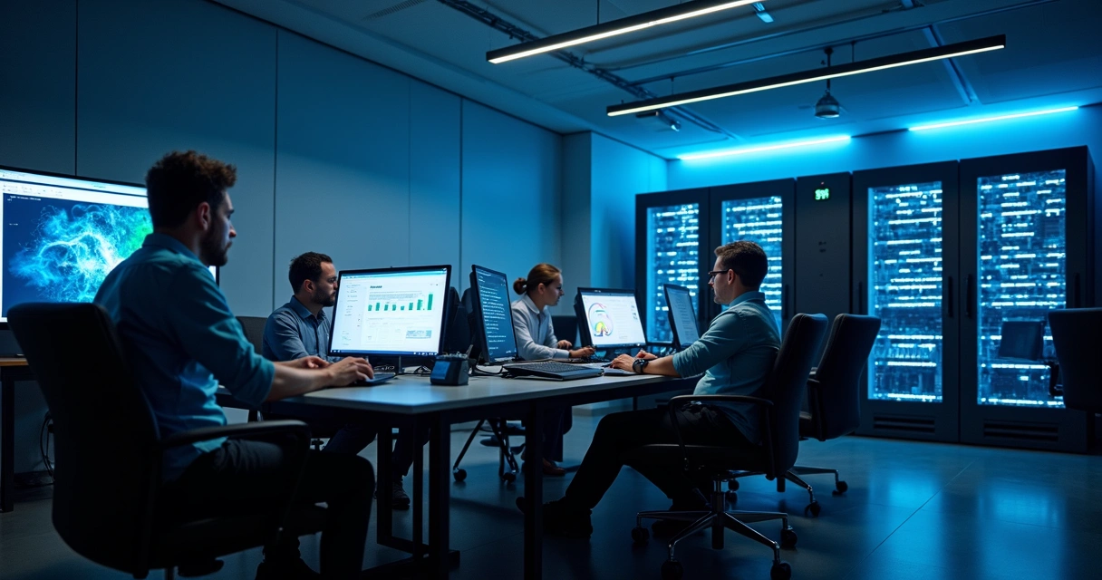 Equipe de TI ajustando configurações de segurança em servidores empresariais 