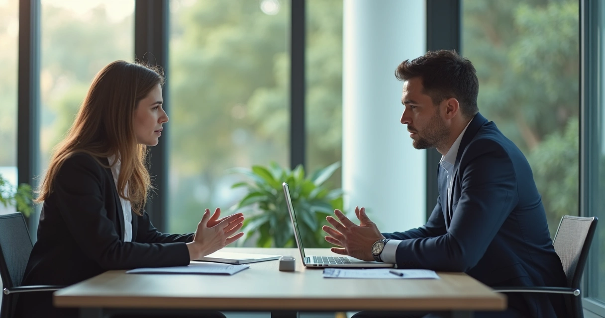 Duas pessoas sentadas à mesa, conversando de forma calma em um escritório 