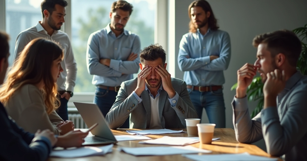 Equipe de trabalho discutindo em sala, com tensão no ar 