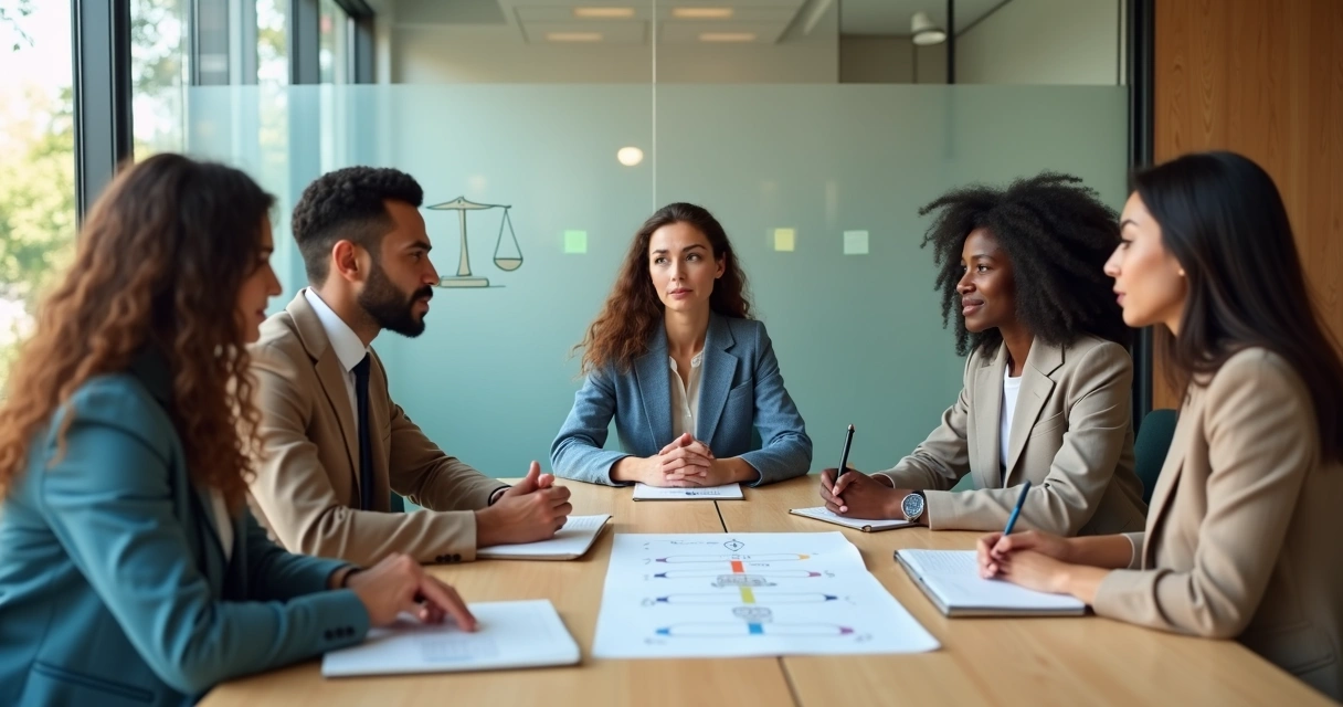Equipe em reunião mediando conflito de forma ética 