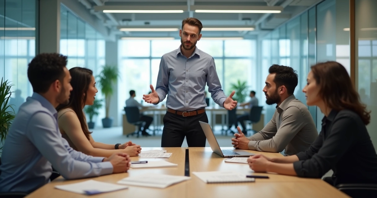 Gestor mediando conflito entre colegas em escritório moderno 
