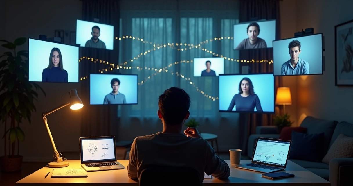 Integrantes de equipe virtual mostrados em telas com fios de luz conectando expressões tensas e calmas 