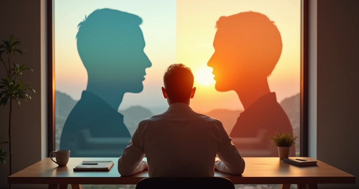 Pessoa refletindo com duas silhuetas contrastantes ao fundo representando conflito interno 