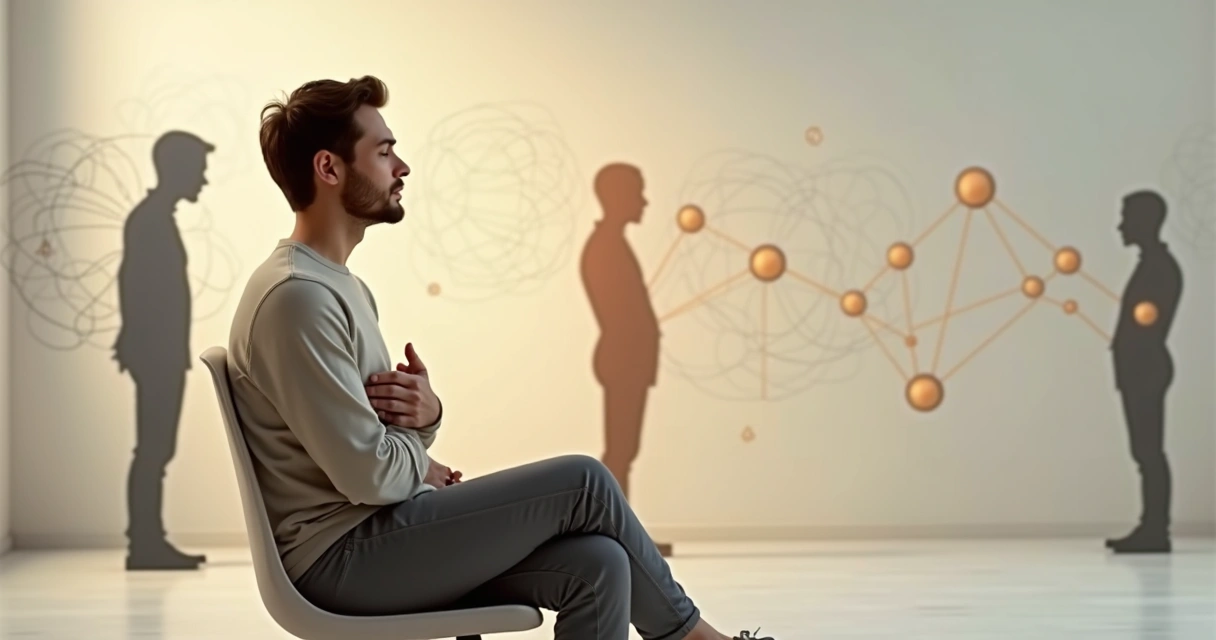 Pessoa em reflexão com silhuetas internas em conflito integrando-se em harmonia 