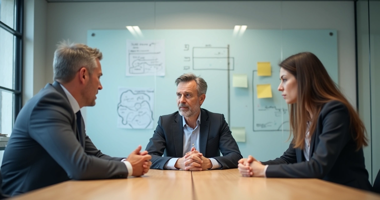 Gestor mediando conflito invisível entre colegas em um escritório moderno 