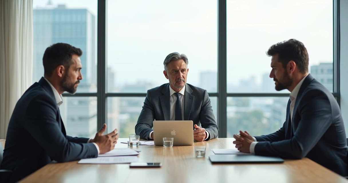 Líder mediando reunião com duas pessoas em conflito em sala de reunião moderna 