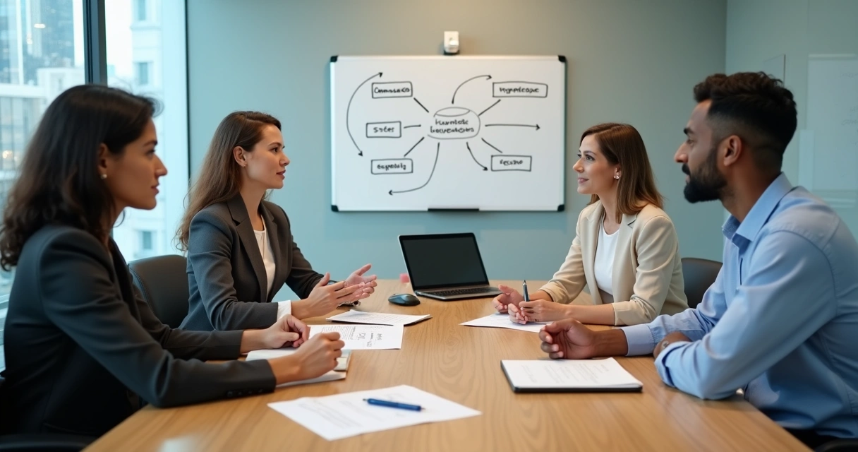 Equipe em reunião mediando conflito de forma colaborativa 