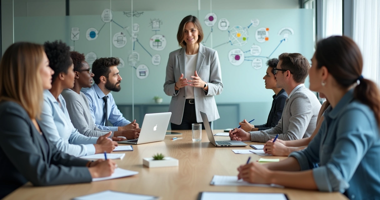 Líder mediando conflito entre dois profissionais em mesa de reunião com visão sistêmica 