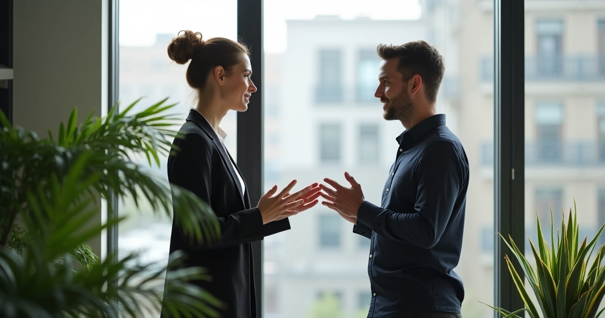 Dois colegas conversando para resolver um conflito no escritório 