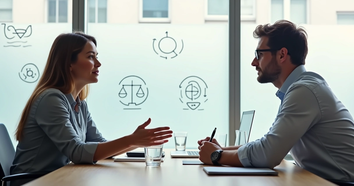 Duas pessoas negociando em mesa de reunião com ícones de valores pessoais ao fundo 