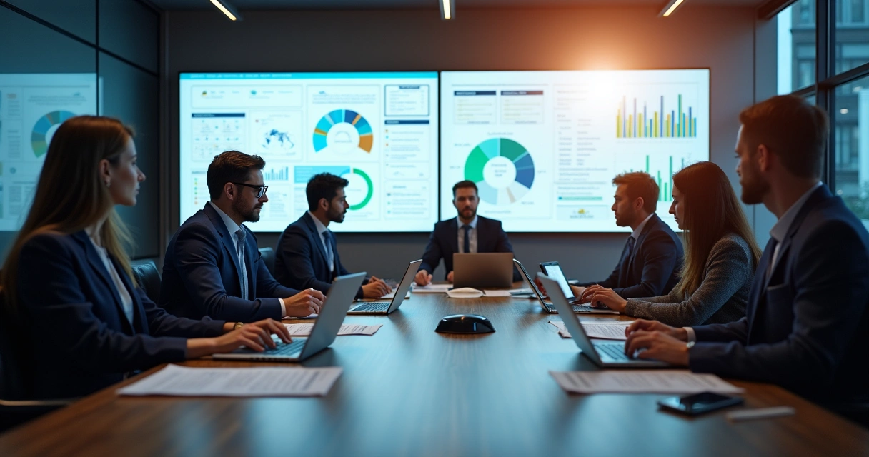 Equipe de TI analisando relatórios de conformidade em sala de reunião 