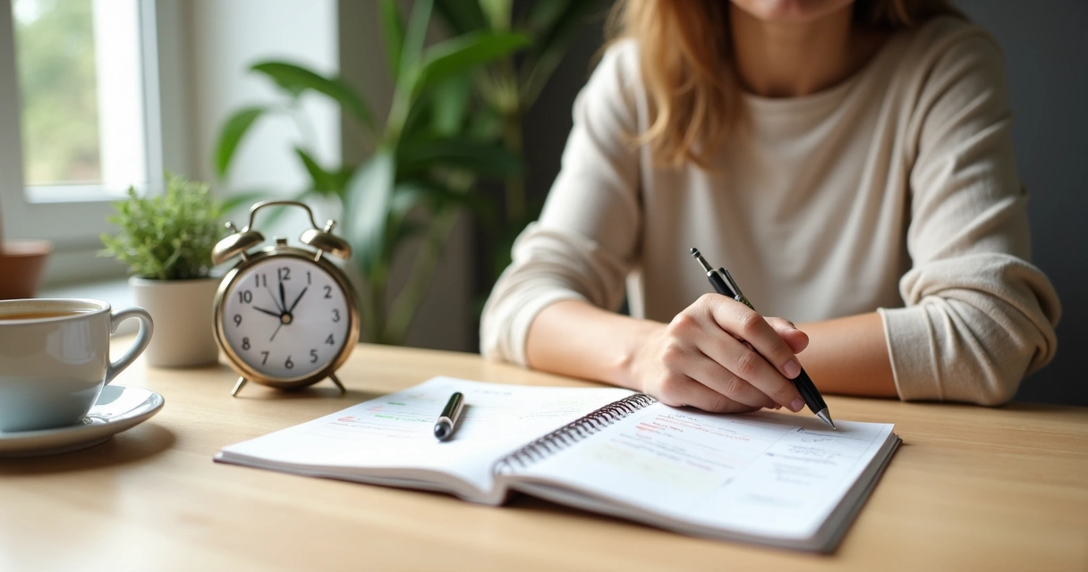 Pessoa organizando o tempo de forma calma com relógio e caderno de anotações sobre a mesa 