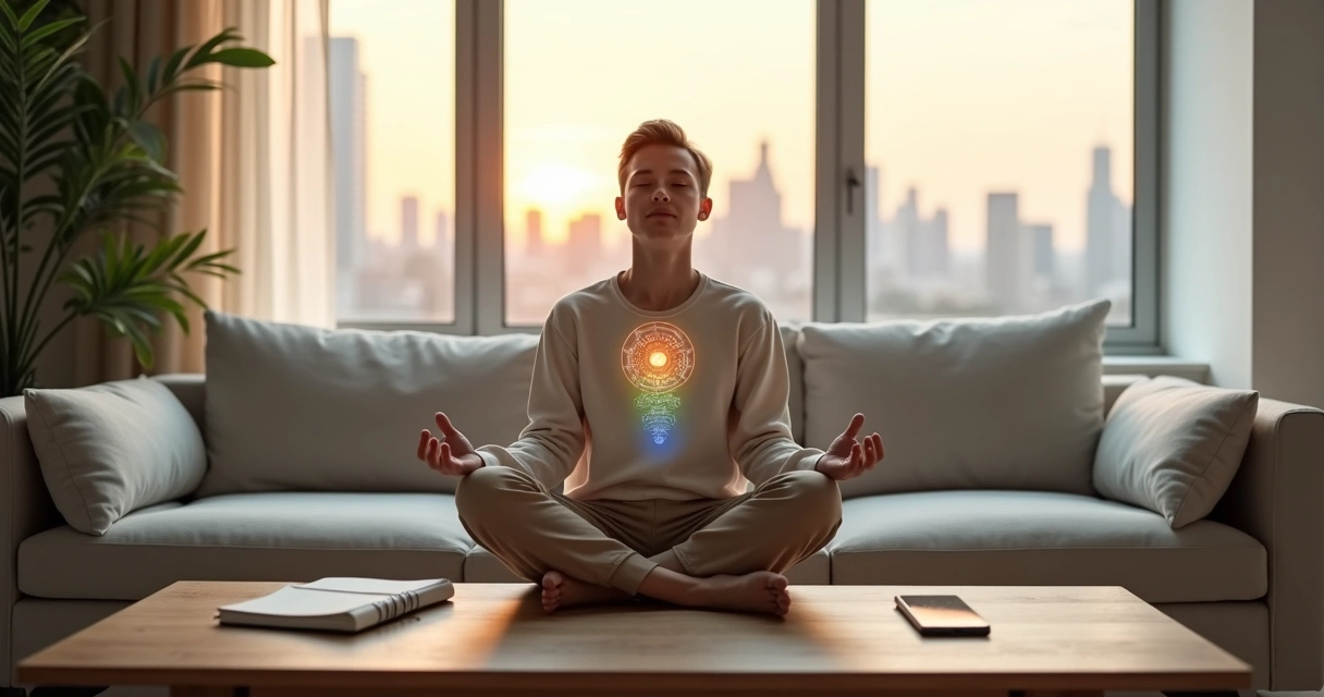 Pessoa meditando em ambiente moderno com elementos visuais representando gestão das emoções 