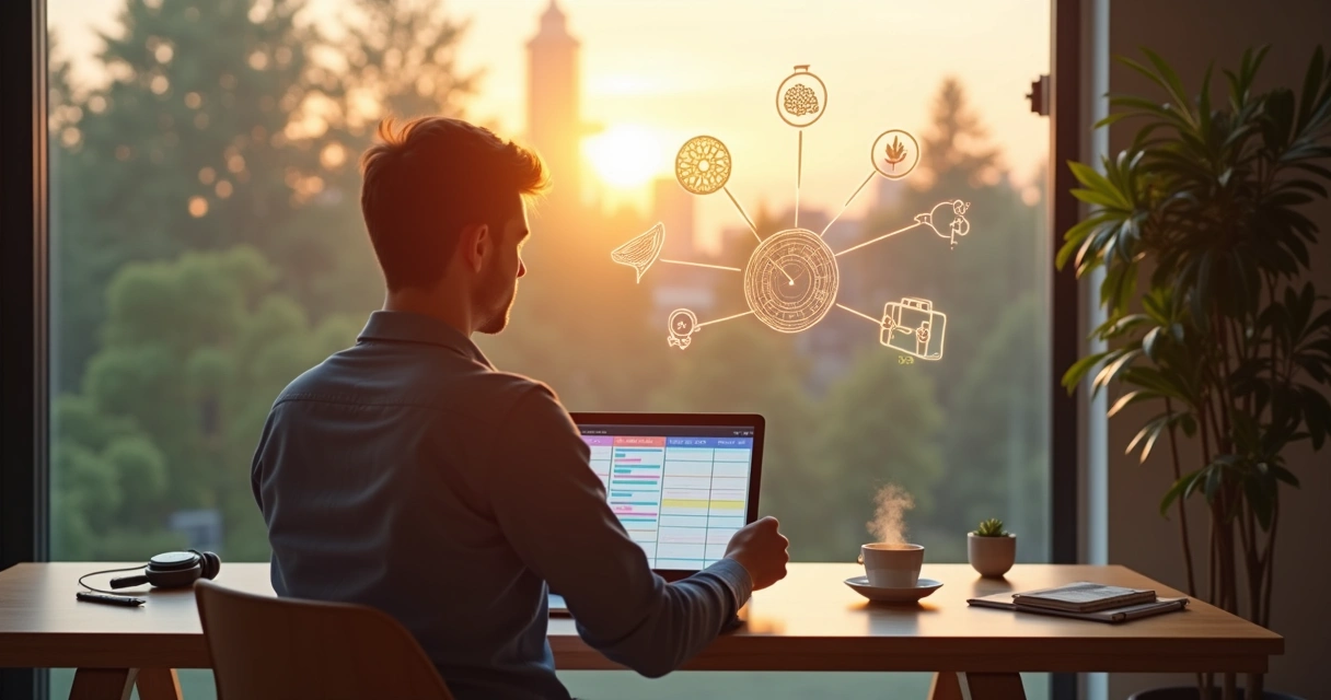 Pessoa organizando a rotina consciente em um ambiente moderno com tecnologia e natureza 