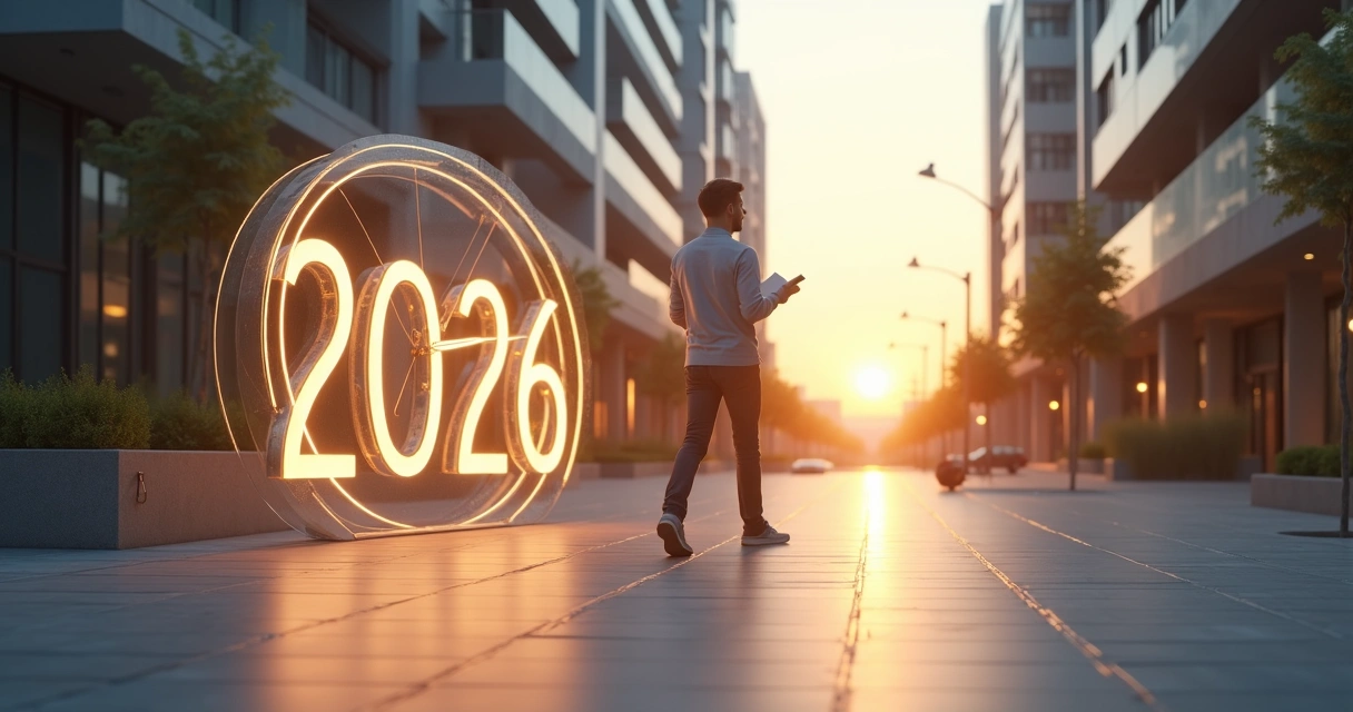 Relógio transparente flutuando em cidade ao amanhecer com pessoa caminhando calma 