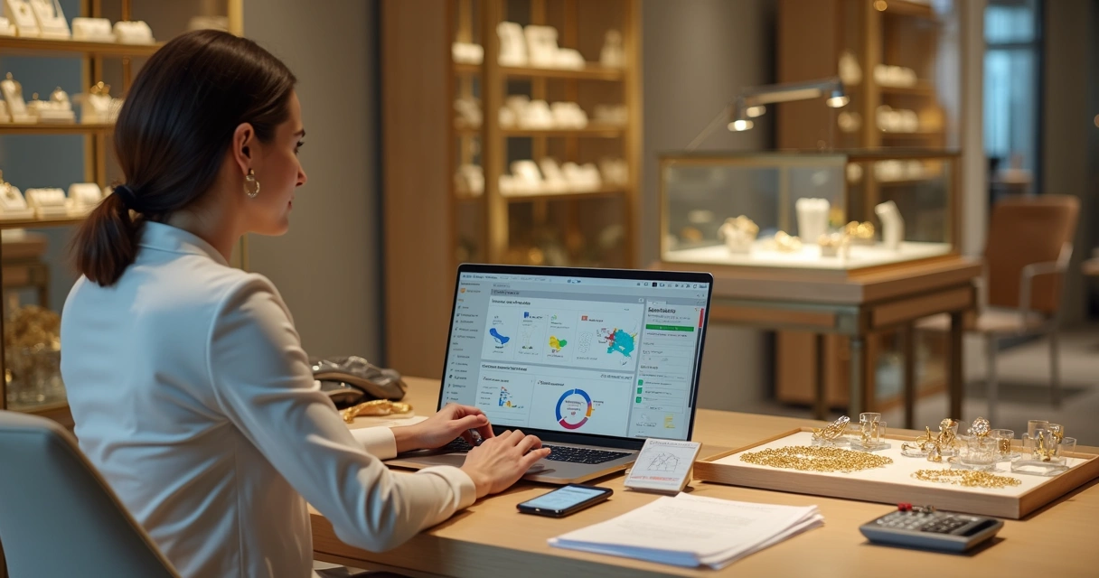 Gestora de joalheria analisando sistema de consignação e vendas no notebook ao lado de mostruário de joias 